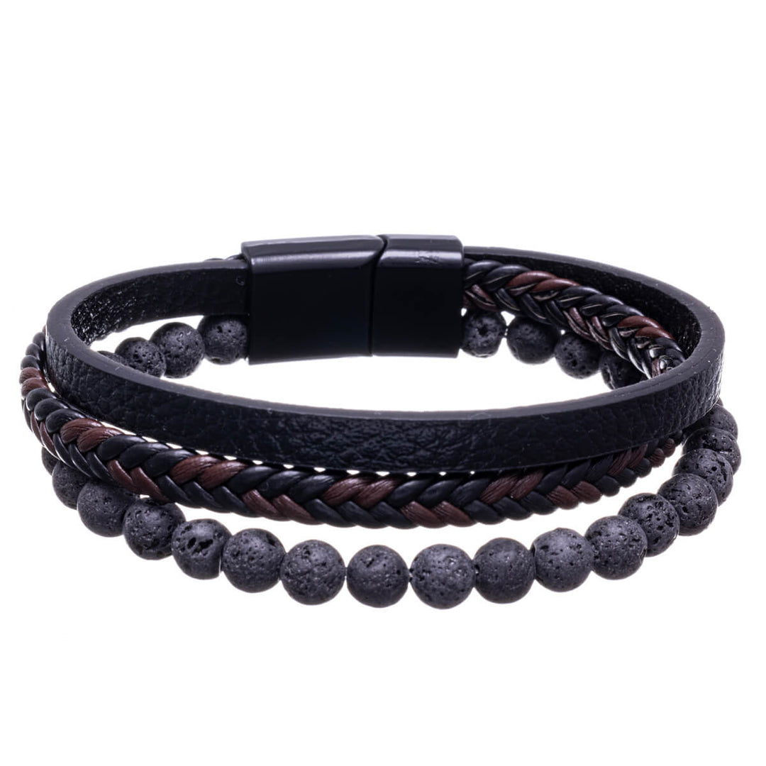 Dreireihiges Lederarmband mit Glasperlen (Stahl 316L)