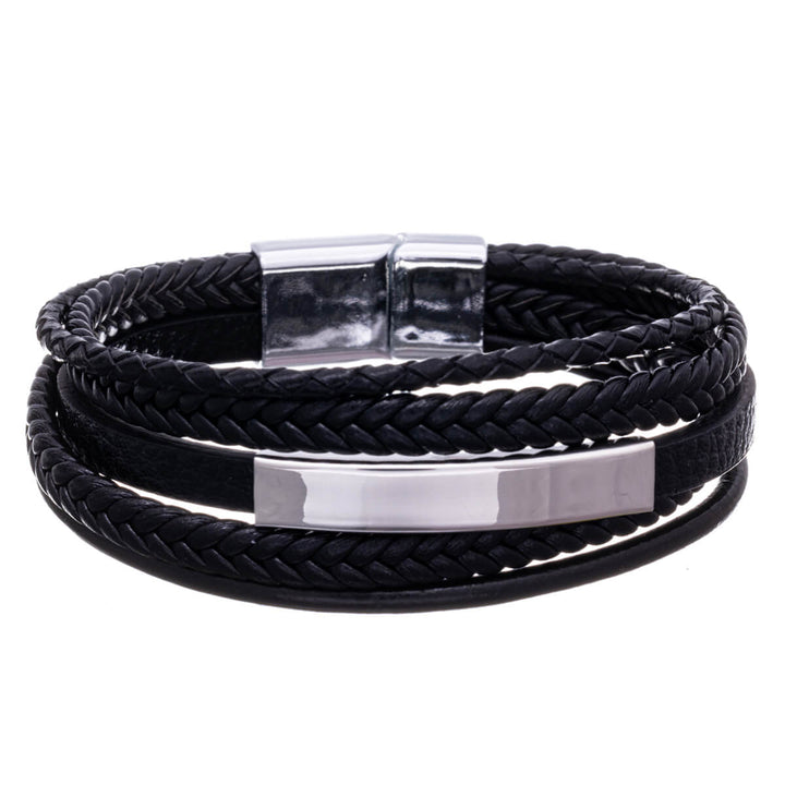 Five row leather bracelet with steel plate