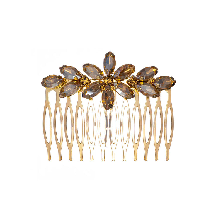 Rhinestone flower side comb hairband gold (6,4cm x 5cm)