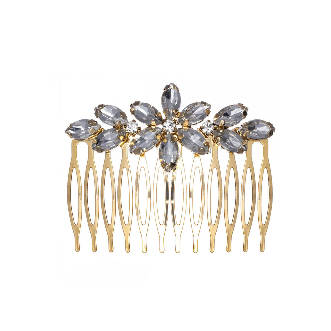 Rhinestone flower side comb hairband gold (6,4cm x 5cm)