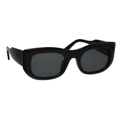 Angled sunglasses with thick frames